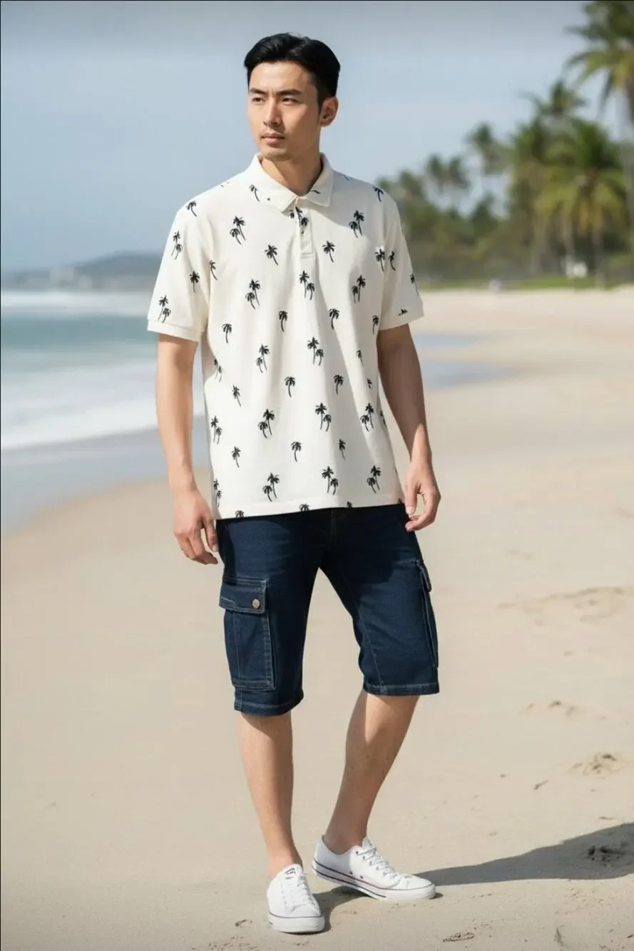 VTG Polo Ralph Lauren Palm Tree Print Polo Shirt White Black Blue L Cruise 2002